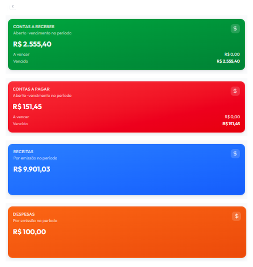 Tela real do Dashboard Financeiro do WZDash com Contas a Receber, Contas a Pagar, Receitas, Despesas e saldo das contas.